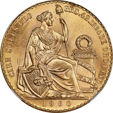 Perú: Oro 100 Soles 1960-Lima NGC MS-64! ¡Excelente moneda gema! ¡Increíble atractivo visual!