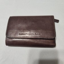 Vintage Fossil Brown Pebbled Leather Trifold Womens Wallet Snap Zip