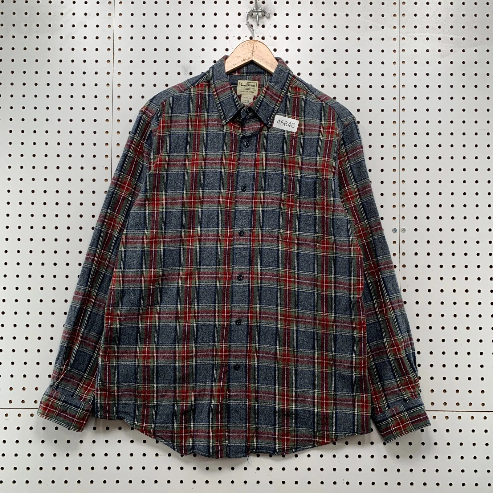 LL Bean Flannel Shirt Mens Medium Gray Red Plaid Long Sleeve Slightly Fitted