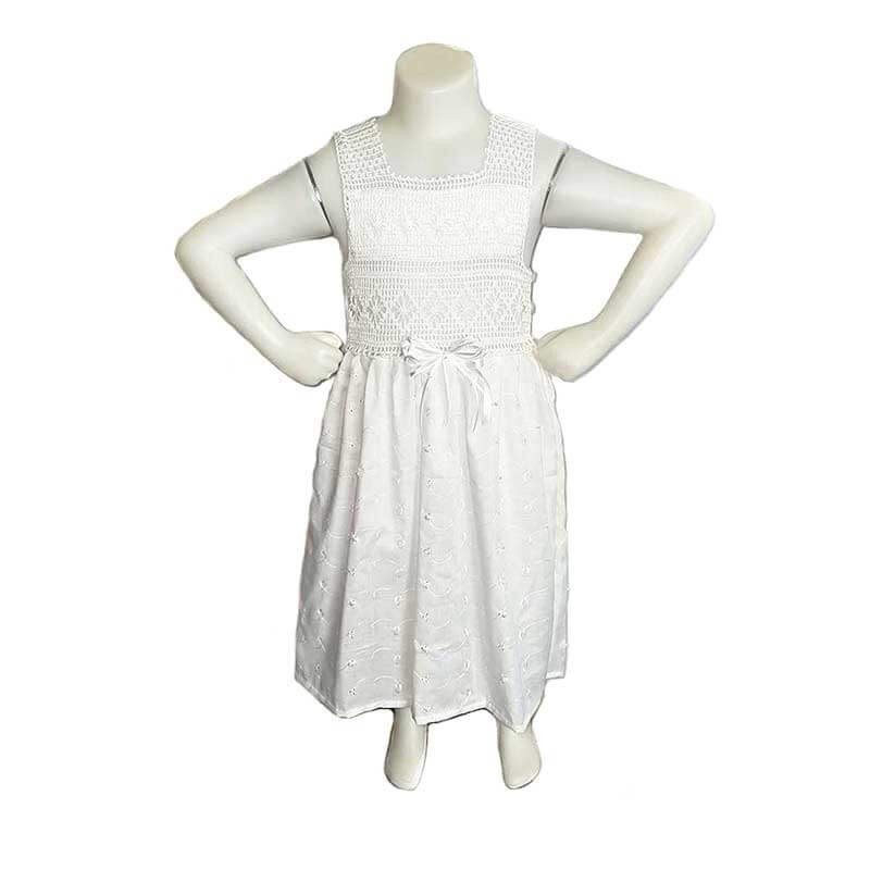 Girl Dress Cotton Embroidery Fabric Crochet Handmade -White Color