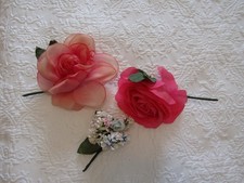 Lot 3 Vintage Millinery Hat Flowers Chiffon Silk Faux Roses--Blue Pink White- 3