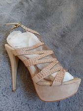 Extravagante sexy Plateau Riemchen High Heels, Beige mit Steinchen, Größe 38