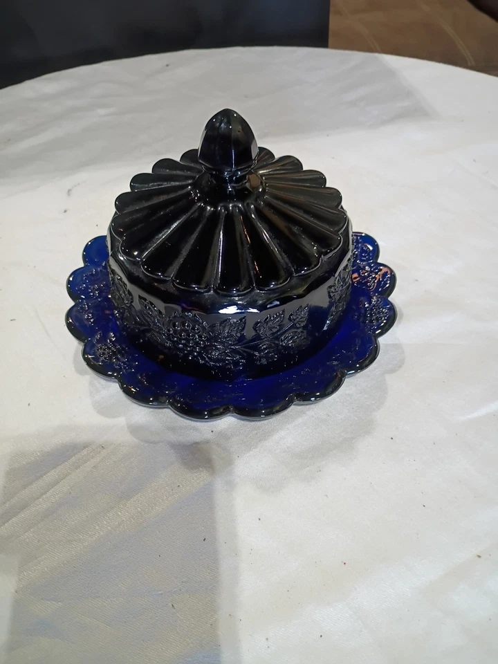 Vintage Cobalt Blue Grape Cable Round Covered Butter Dish Perfect Condition 7" - Image 2 of 4