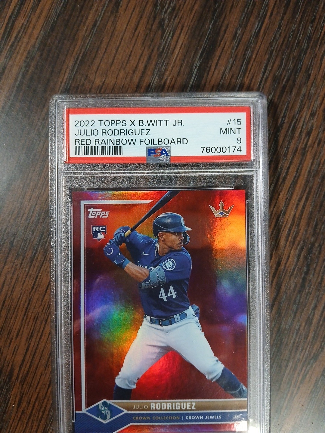 2022 Topps x Bobby Witt Jr. Julio Rodriguez RC Red Rainbow Foil 02/10 PSA 9 Mint view 4