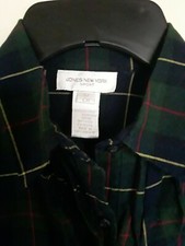 Jones New York Navy Green Ruffle Button Front Blouse Shirt Top Women's Sz S