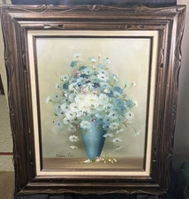 VINTAGE NANCY LEE STILL LIFE DAISY Oil PAINTING 16 X 20” CARVED WOOD FRAMED ART
