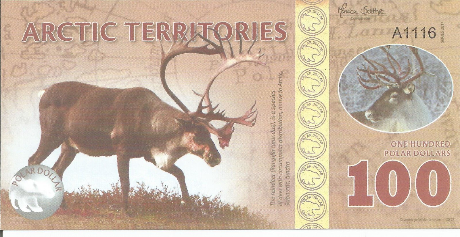Arctic Territories, $100, 2017 Polymer, UNC., Reindeer # 20