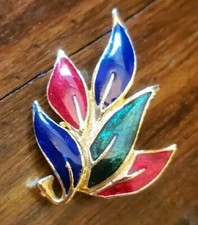 Vintage Gold Red Blue Green Shiny Enamel Leaves Leaf Flower Brooch FREE SHIPPING