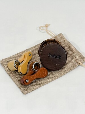 Set Of 2 Wooden Tobacco Smoking Pipes And A Wooden Grinder In A Burlap Bag