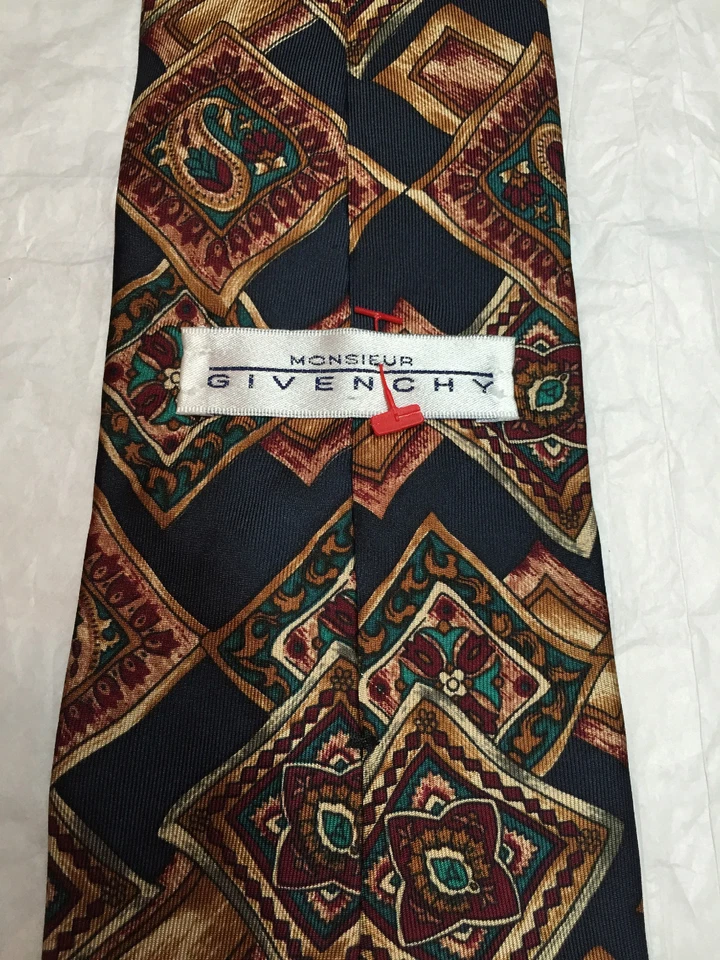GIVENCHY MENS TIE NAVY BLUE WITH BROWN BURGUNDY GREEN 4 X 59 - Image 4 of 4