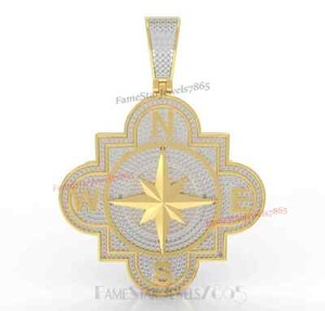 Authentic Navigation Compass Pendant 3.50 Cwt. Genuine Moissanite 14k Yellow Gold Plated
