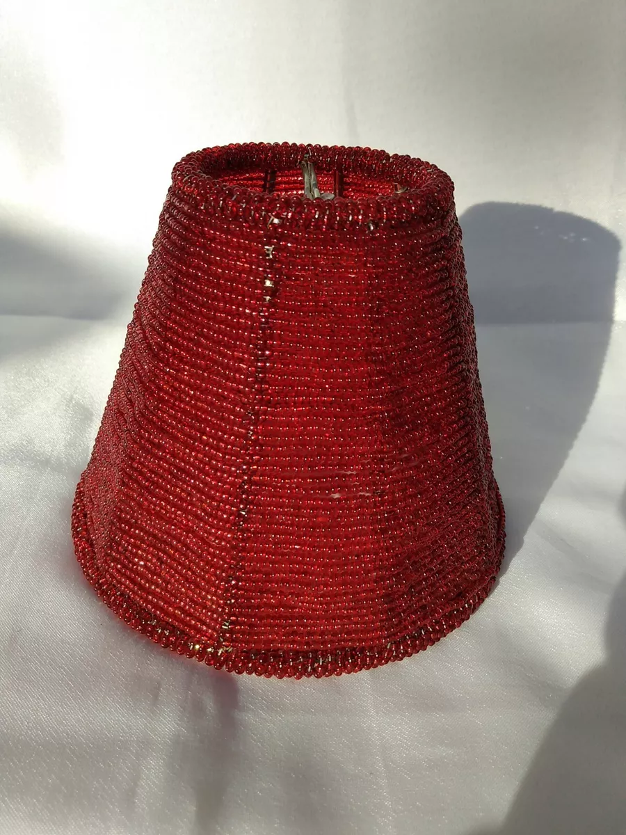 Red glass seed bead LAMP SHADE wire clip on small sconce bedside table boudoir