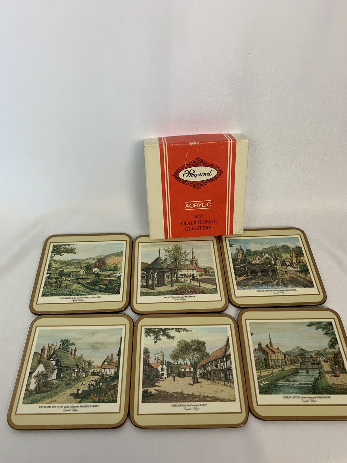 Pimpernel Acrylic Coasters Cork Backed Set of 6 English Villages 4" Square eBay