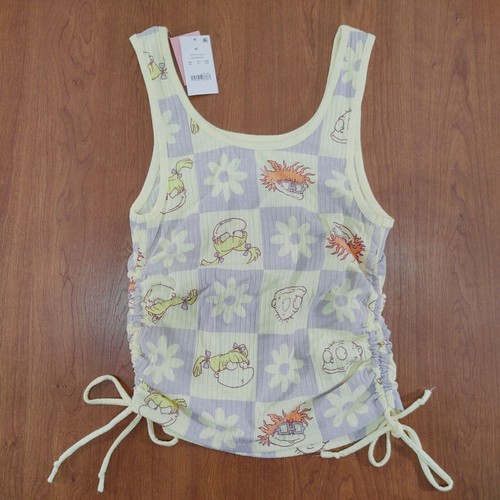 Rugrats Cartoon Character Print Tank Top Size M Side Ties Pastel Checkered - Picture 2 of 8