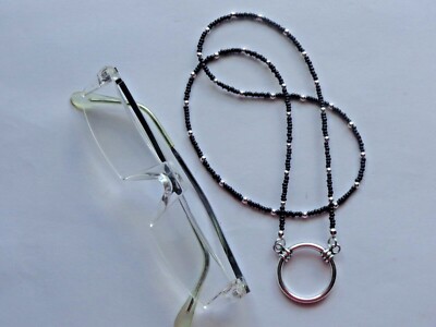 BLACK GLASS BEADS LA NECKLACE EYEWEAR EYEGLASSES HOLDER LOOP *FREE SHIP OVER $35