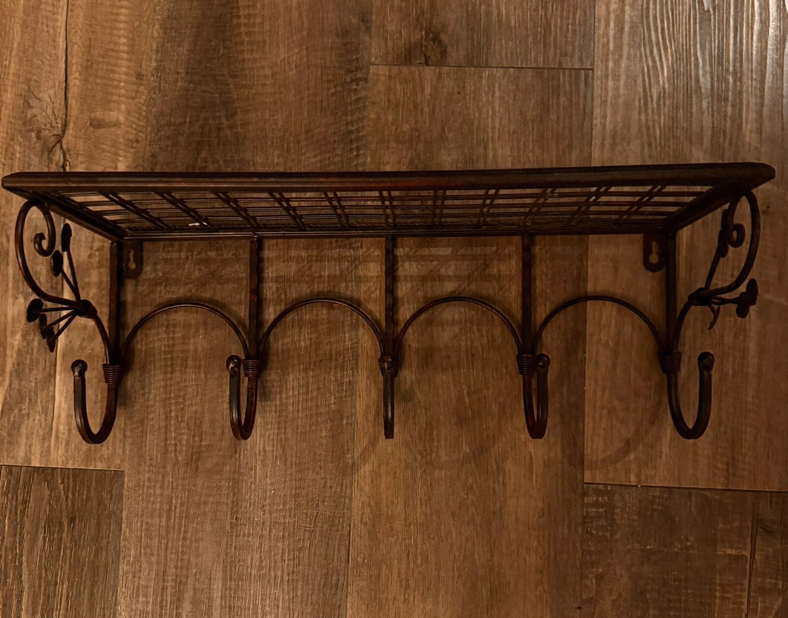 Rustic Metal Wall Hanging Shelf W/3 Hooks, Jackets, Keys, Towels, 17.5 X 6.5