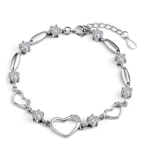 Sterling Silver Heart Bracelet with Zirconia, 18 cm