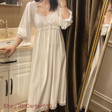 White Lace Nightgown Women Girl Sleepwear Dress Vintage Cotton Romantic