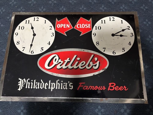VINTAGE ORTLIEB'S BEER TOC TIN OVER CARDBOARD OPEN CLOSE SIGN PHILADELPHIA PA.