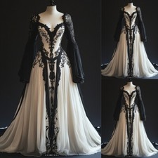 Gothic Black and White Wedding Dresses Long Sleeves Vintage A-Line Bridal Gowns