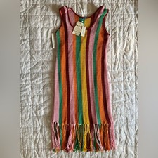 NWT FARM Rio Vibrant Multicolor Stripe Crochet Knit Midi Fringe Dress Boho-Large