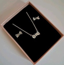Lovely PANDORA Sparkling Bow Necklace And Earring Gift Set Sterling Silver