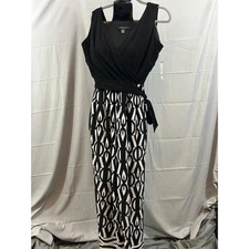R & M Richards Women's Black White Geometric Print Sleeveless Jumpsuit
