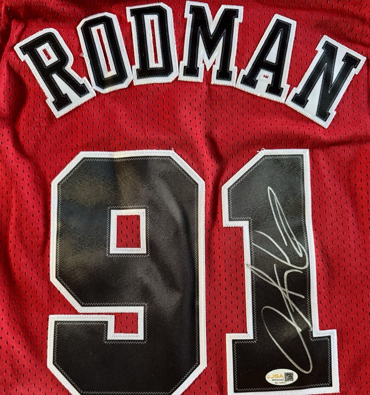 CHICAGO BULLS DENNIS RODMAN SIGNED AUTO FINALS MITCHELL & NESS JERSEY JSA QRCODE