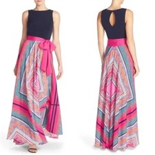 NWT Eliza J | Navy Pink Scarf Print Sleeveless Belt Maxi Dress 10
