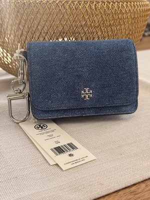SALE Tory Burch Denim Suede Flap Card Case Key Ring Coin Pouch Wallet 181944