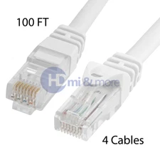 4x 100FT CAT6 Cable Ethernet Lan Network CAT 6 RJ45 Patch Cord Internet White