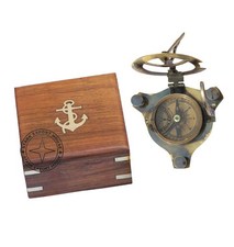 Antique Brass Pocket Sundial Compass Camping Hiking 3 inch with Wood Box  NBHG