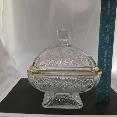 Vintage JEANETTE Oak Leaf & Acorn Clear Glass Covered Candy Dish Gold Trim - Picture 17 of 18