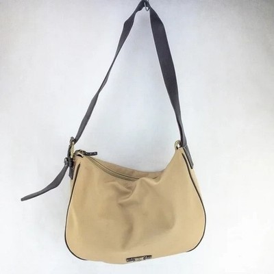 Anne Klein Hobo Shoulder Bag Womens Medium Brown Tan Canvas Brass Buckle