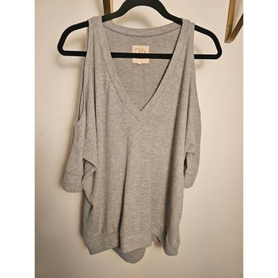 Chaser Light Gray V-Neck Cold Shoulder Sweater