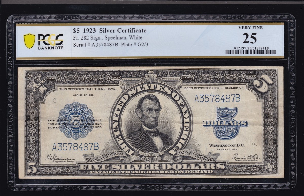 US 1923 $5 Lincoln Porthole Silver Certificate Note FR 282 PCGS 25