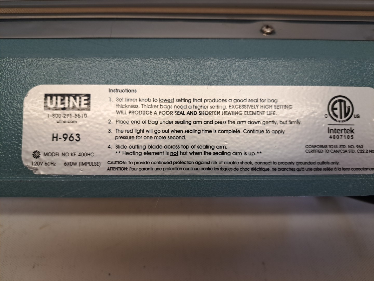 ULINE H-963 16" Impulse Sealer with cutter  USED