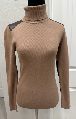 Lauren Ralph Lauren Sweater Beige Faux-Leather-Trim Ribbed Turtleneck M Preppy