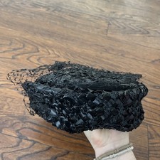 Vintage Black Woven Straw Pillbox Hat With Lace Veil Union Made 218477