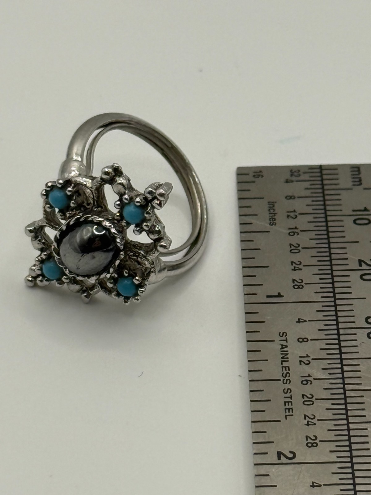 Vintage Avon Ring Mirabella Faux Hermatite Turquoise Silver Tone Sz Adj 6.5