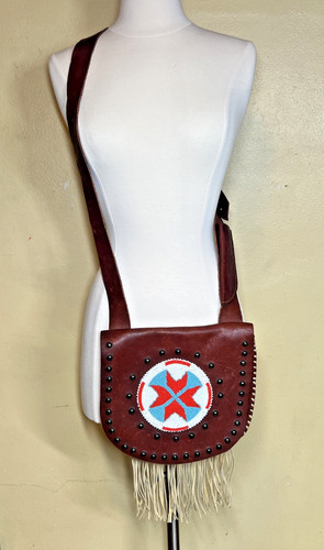 Native American Leather Crossbody Purse Bag Knife Sheath Strap Fringe Beaded