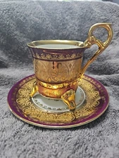 Vintage KPM Maroon and Gold 3-Footed Tea Cup & Saucer, Lustreware