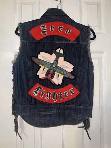 Vintage KADOYA Leathers Zero Fighters Denim Biker Vest Leather Patch Japan Sz S - product listing photo