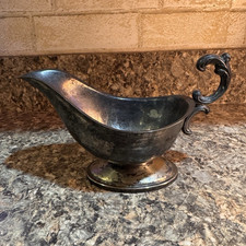 Silver Plated Metal Oval Gravy Boat w/ Handle & Spout, Pedestal Base