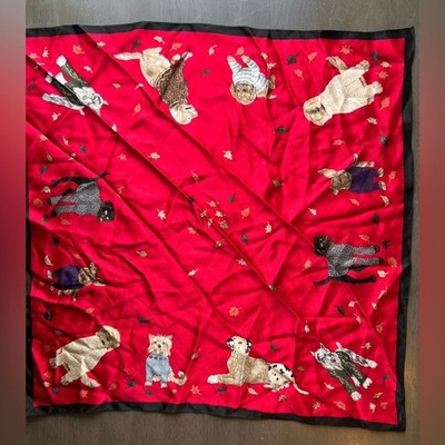 Dog Print Silk Scarf Red Square Novelty Puppy Print Autumn Leaves