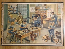 Original vintage pull down school chart of Shoe manufacturing factory