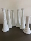LOT Of 5 Matching Stars & Bars VINTAGE WHITE MILK GLASS BUD VASES & 1 Hive Vase