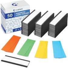 50 Pack "C" Channel Magnetic Label Holders 1x3 with Blue, Green, Yellow, Red 