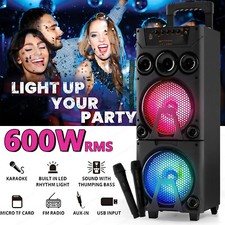 Portable Bluetooth Speaker Sub woofer Deep Bass Sound System Party 2 Microphone
