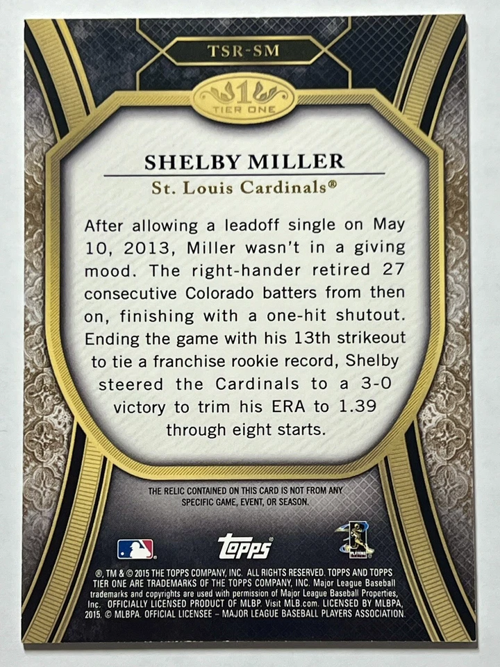2015 Topps Tier One Shelby Miller #TSR-SM Game-Used Jersey /399 Cardinals - Image 2 of 2